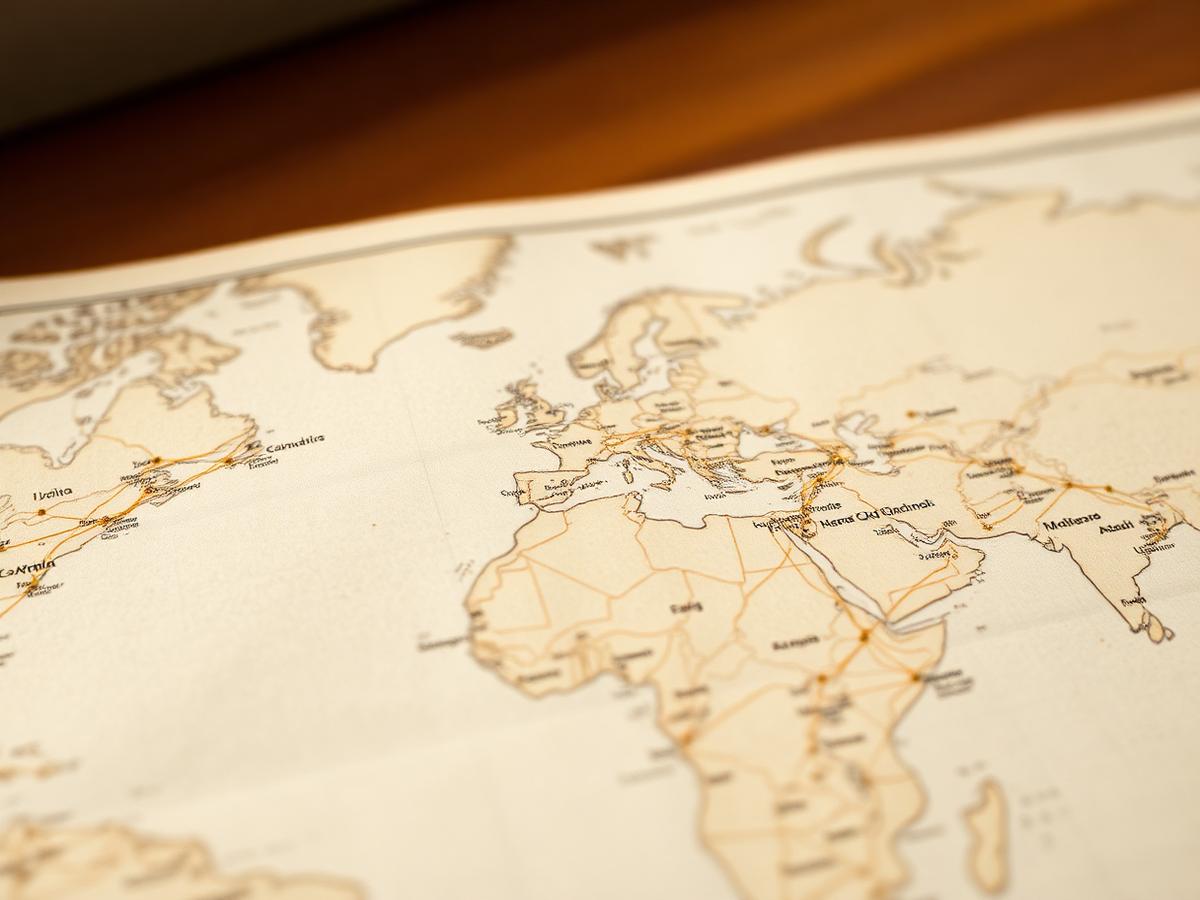 A map traced with connecting lines between cities